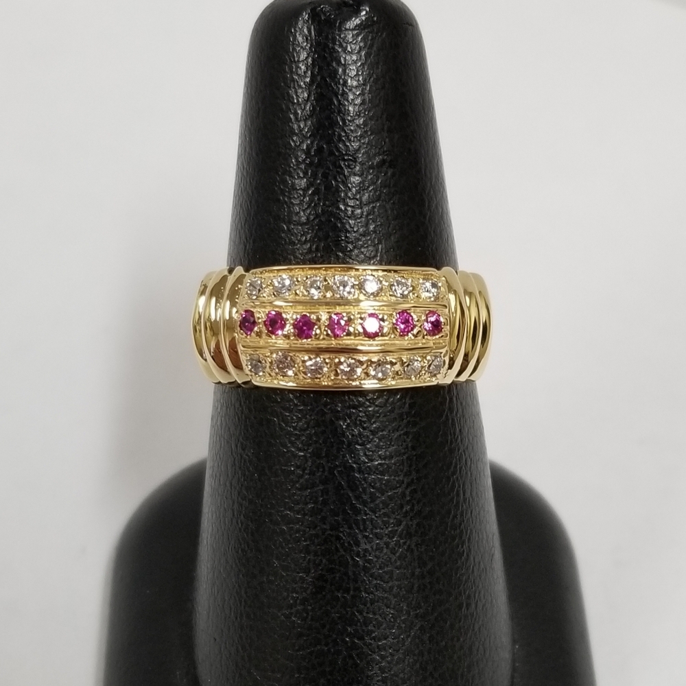 18k Solid Gold Simulated Ruby & Cz Ladies Ring - image 2